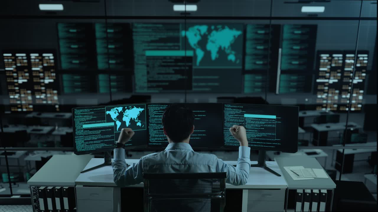 Back View Of Happy Asian Man Developer Celebrating While Write Code With Multiple Computer Screens In The Office