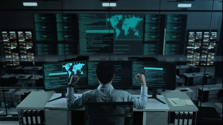 Back View Of Happy Asian Man Developer Celebrating While Write Code With Multiple Computer Screens In The Office