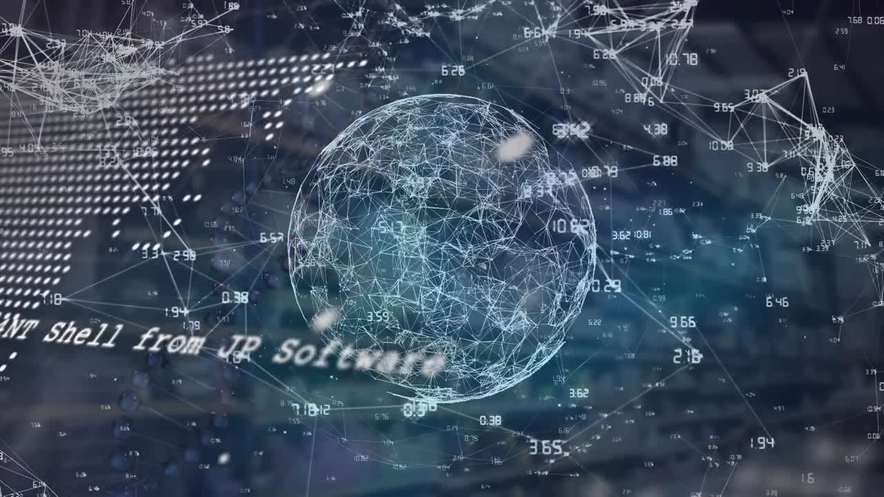 Animation of globe, data, connections and world map on black background