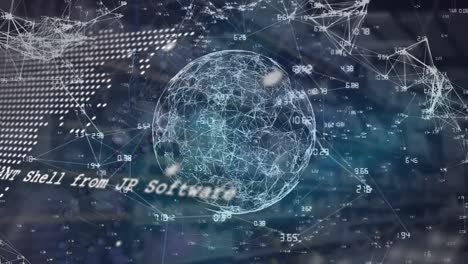 animation of globe, data, connections and world map on black background