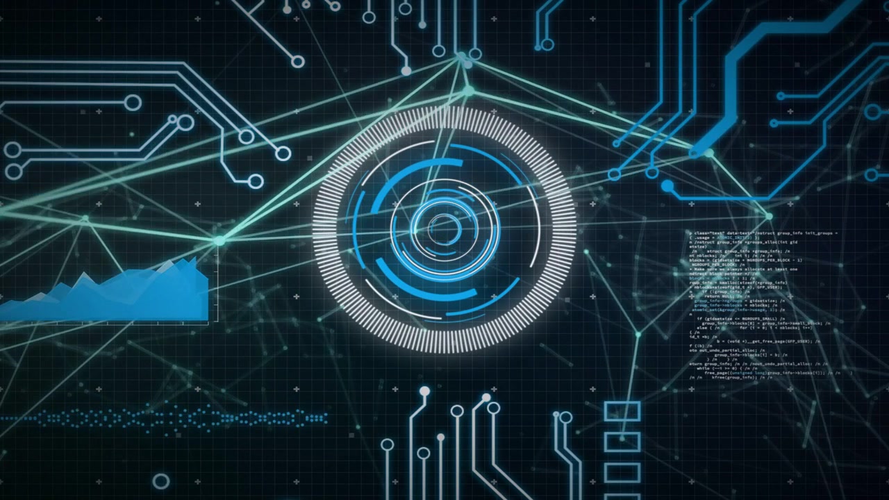Startup pulse starting central HUD rotating and pulsing while network nodes lighting, showing scan