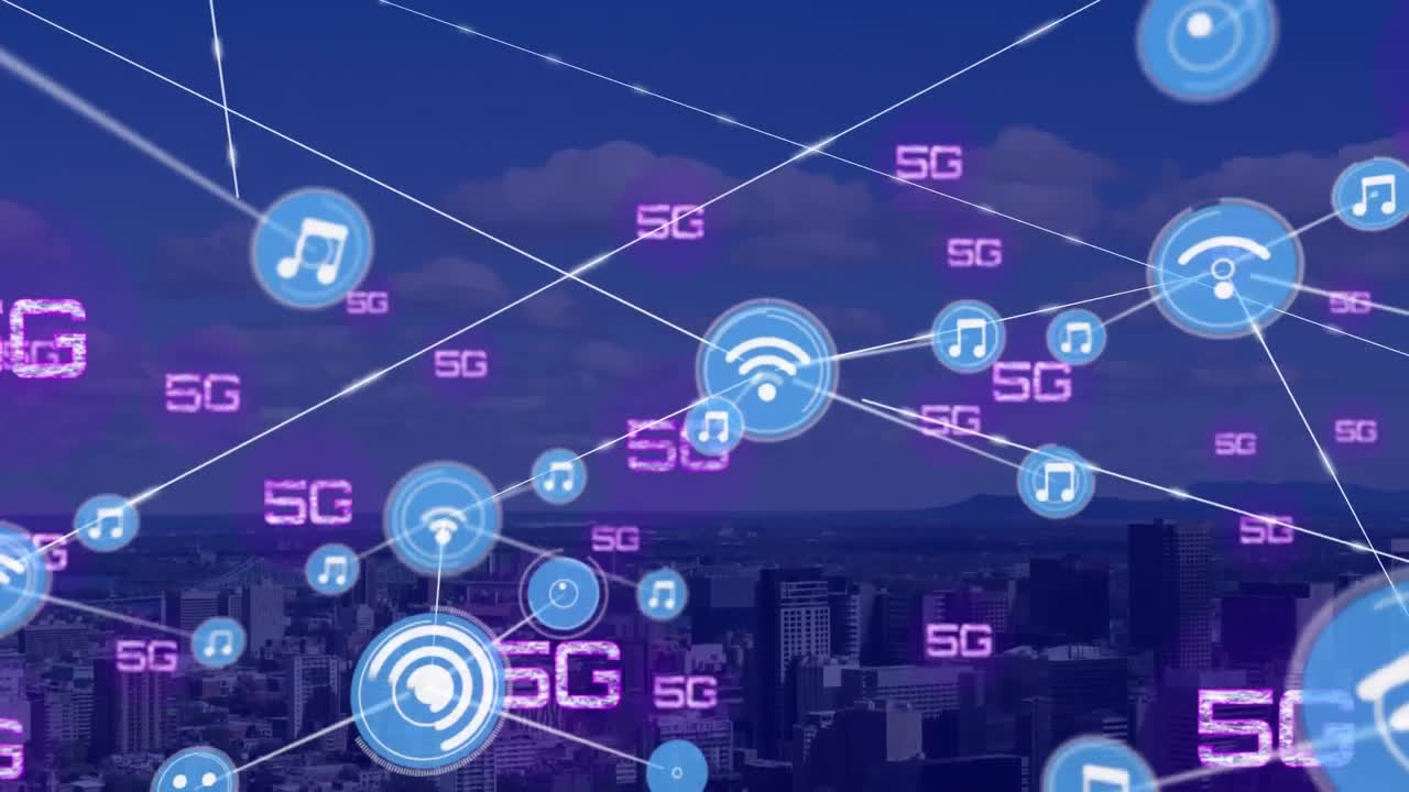 animación de la red de conexiones y texto 5g sobre el paisaje urbano