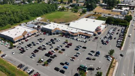 orbiting aerial view of a shopping area with multiple storefronts on whidbey island