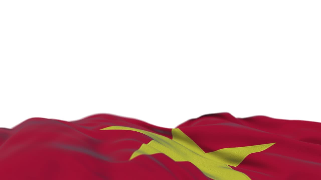 bandera de tela de vietnam ondeando en el bucle del viento. bordado vietnamita estampado bandera de tela balanceándose en la brisa. fondo blanco medio lleno. lugar para el texto. bucle de 20 segundos.