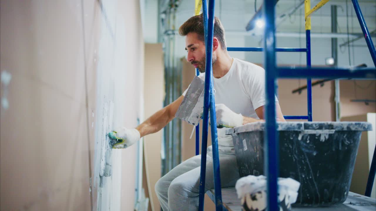 A Dedicated Craftsman Completing Wall Finishing Work While Standing on a Scaffold, Showcasing Precision and Skill with Tools for an Immaculate Surface Finish