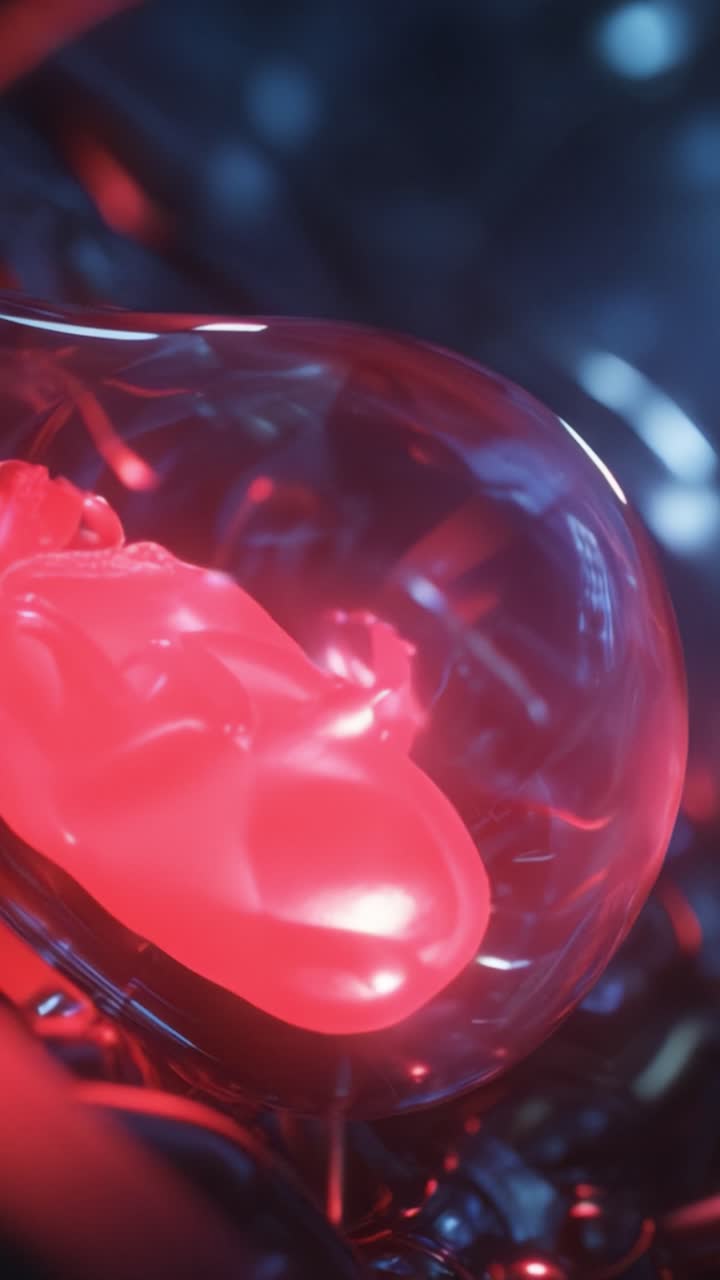 Primo piano di un oggetto traslucido a forma di cuore racchiuso in un fluido luminoso, con trame intricate che evocano un senso di vita e vitalità all'interno di un ambiente surreale