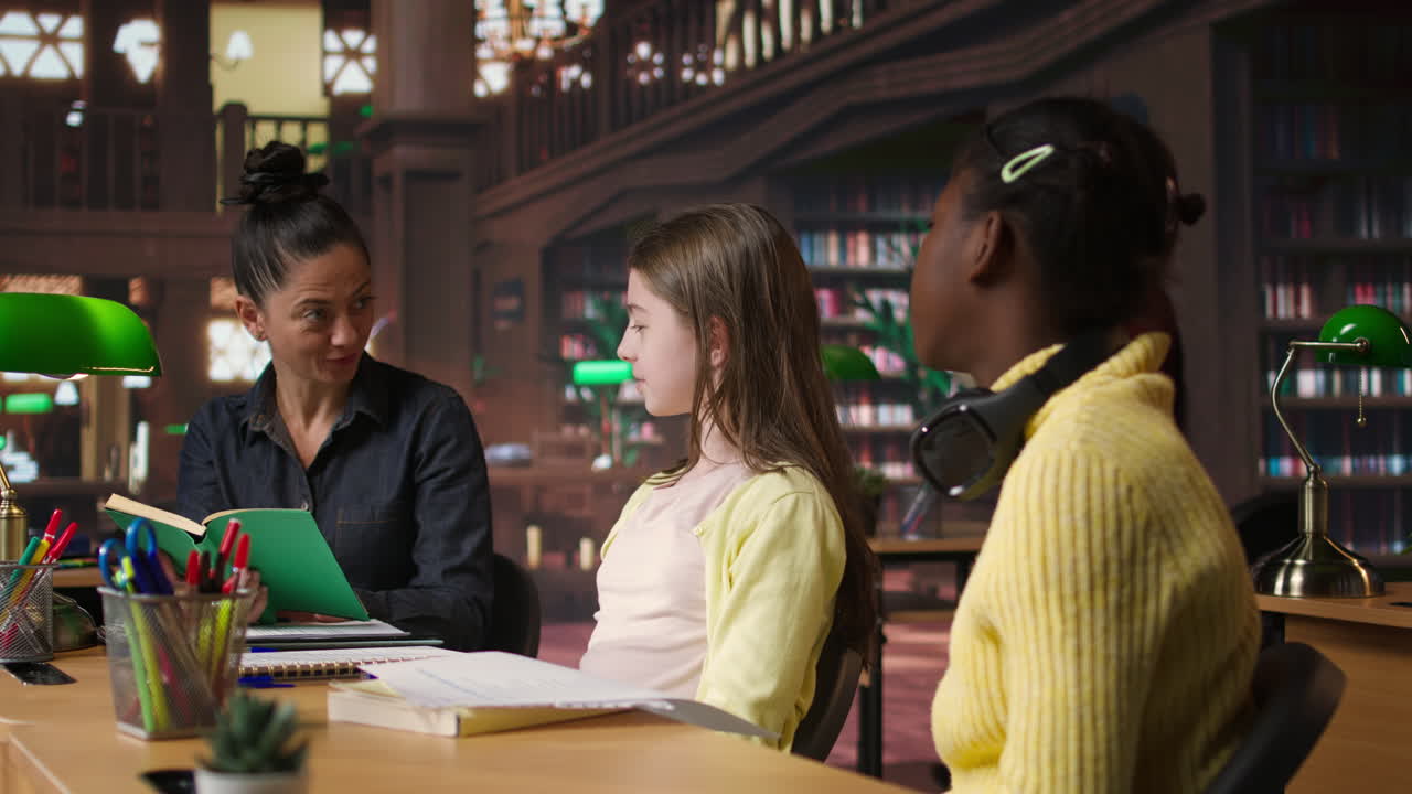 교사가 도서관 환경에서 학생들과 상호 작용하는 것