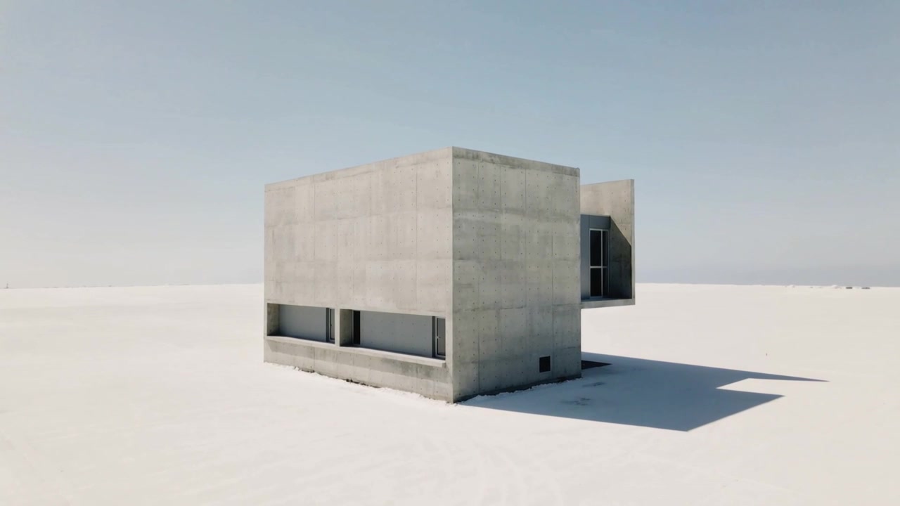 Stabiliseret kamera dokumenterer betonbygning med smalt vindue på saltslette, der kaster lang skygge.