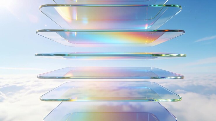 Sunlight causing glass slabs drifting toward camera above clouds, with rainbow bands, tether