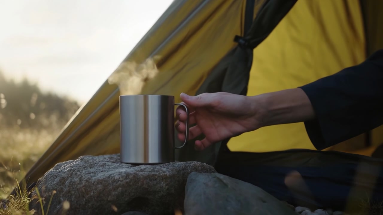 Morning camping sequence with steaming metal mug by tent entrance and hand reaching during