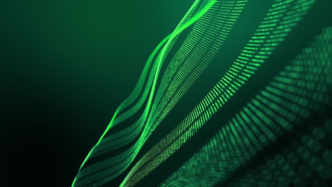 4k looped abstract green background of glow particles form lines, surfaces, stripes structures as futuristic landscape in cyberspace or hologram. Sci-fi theme with DOF, lighting effects and bokeh.