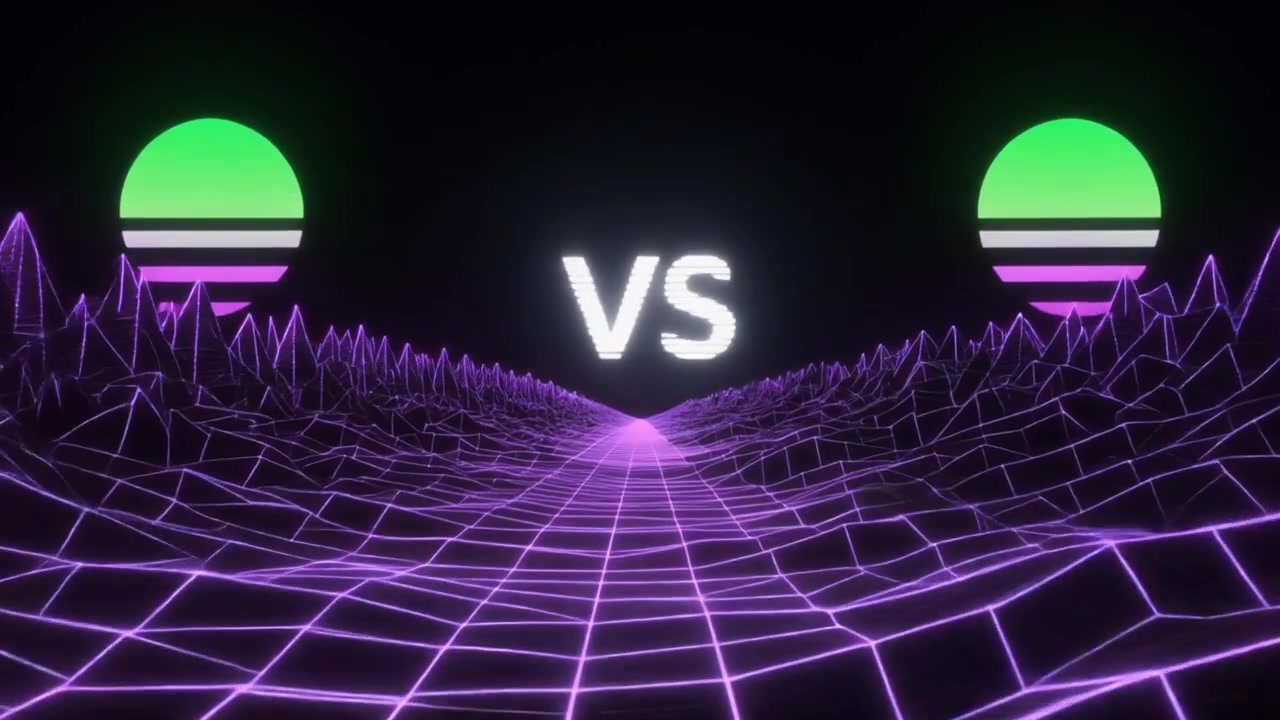Retro synthwave -tyylinen versus-näyttö hehkuvalla ruudukkomaisemalla
