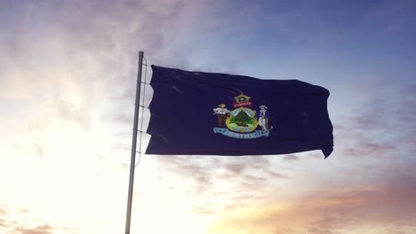 State flag of Maine waving in the wind. Dramatic sky background. 4K