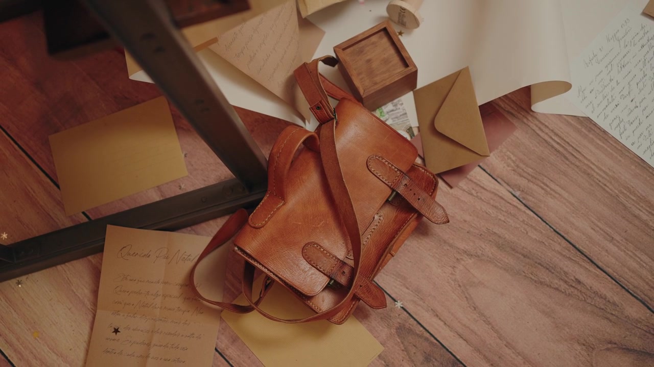 Leather satchel surrounded by letters and envelopes on a rustic wooden floor
