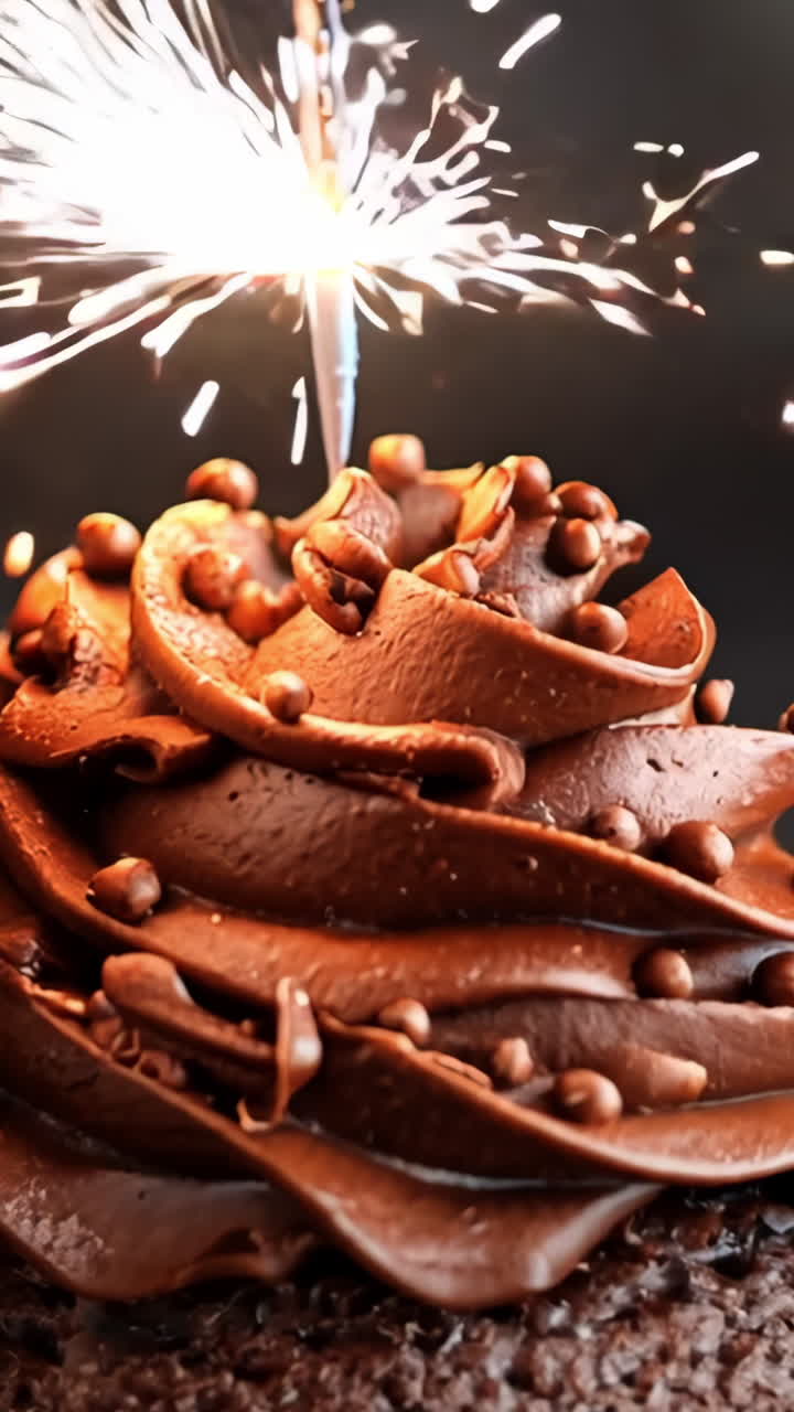 Three chocolate cupcakes with chocolate frosting and sprinkles on top. One of the cupcakes has a lit sparkler on top