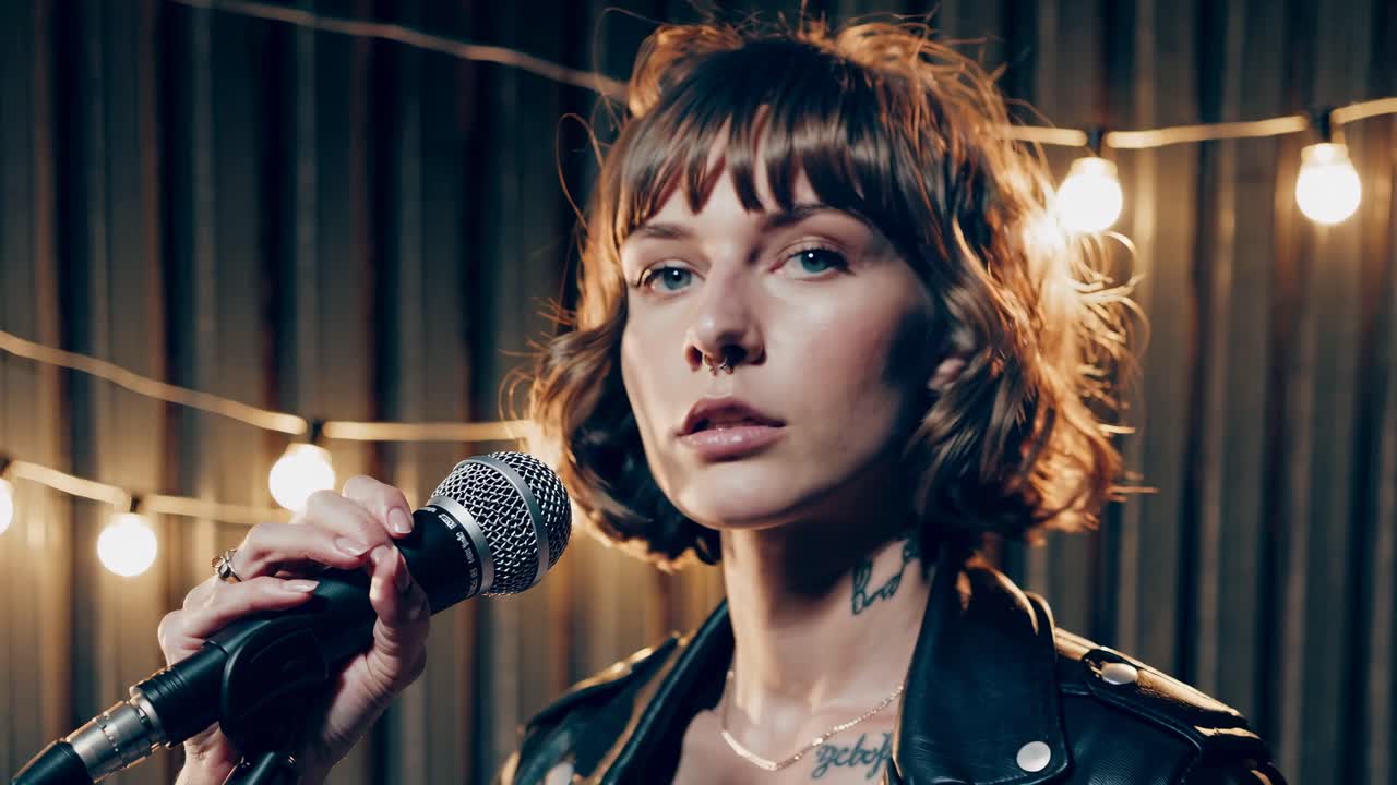 Close-up video of a woman with a microphone, set against string lights