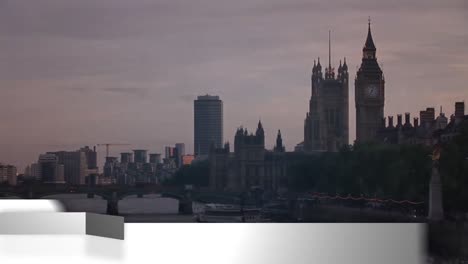 animation of breaking news text with globe news graphic over london landscape
