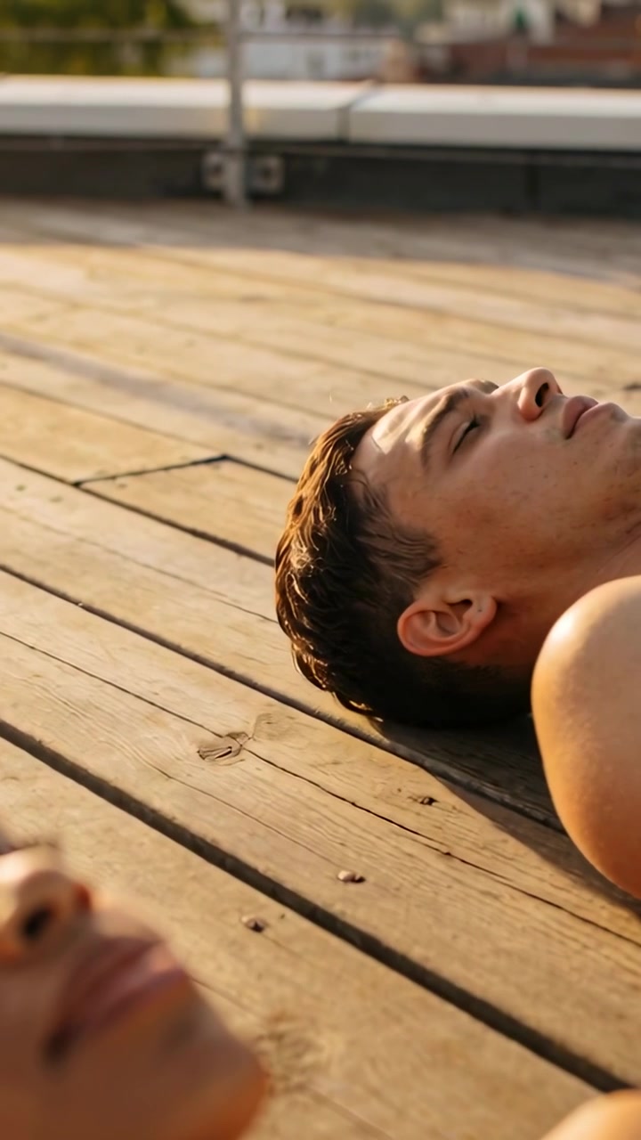 Vertical video: Lying shirtless man and woman reclining on rooftop deck planks, sunlight arriving