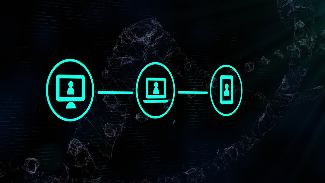 Animation of icons in circle connected with line over dna helix against abstract background