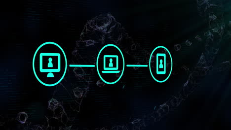animation von ikonen im kreis, die mit einer linie über der dna-helix gegen einen abstrakten hintergrund verbunden sind