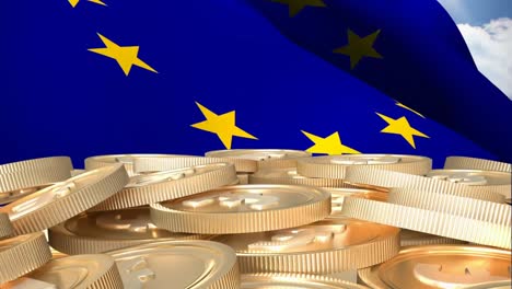 Animation-of-european-union-flag-waving-over-gold-coins