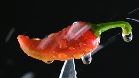 Chili-Dreht-Sich-Leicht-Auf-Der-Messerspitze,-Während-Wasser-Vor-Schwarzem-Hintergrund-Versprüht-Und-Vernebelt-Wird