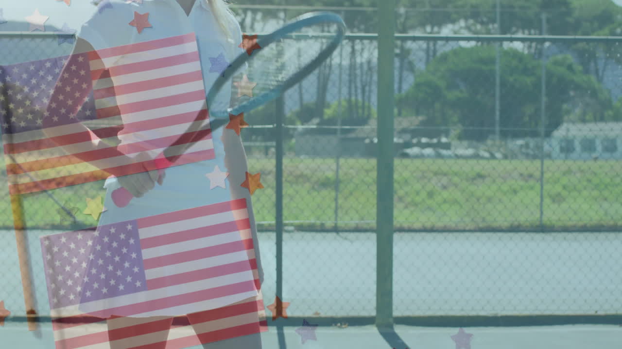 female tennis player swinging racket on court, showcasing technology with animated flag stars
