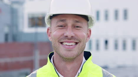 construction, face and happy man at building