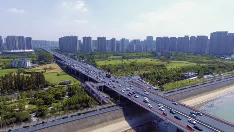 urban transportation，qiantang river bridge in hangzhou, china，qianjiang new district, hangzhou, zhejiang