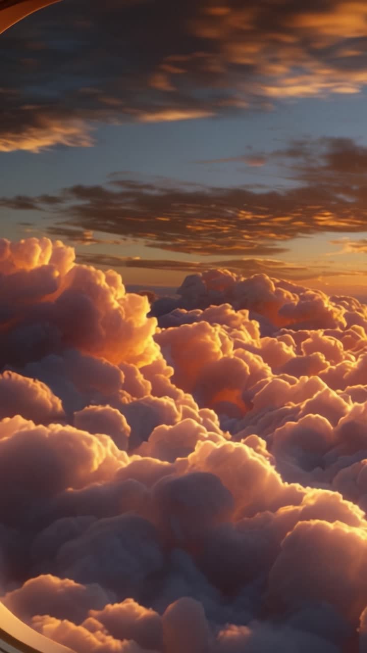 Breathtaking View Through an Aircraft Window Capturing Majestic Clouds and a Stunning Sunset Reflected in the Sky's Vibrant Colors and Shapes