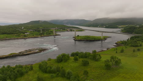 Aerial-view-of-strong-tidal-current-flowing-under-bridge,-Saltstraumen,-Norway