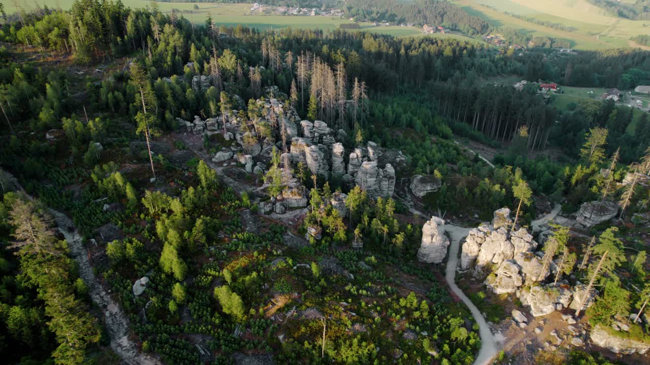 Aerial View of Unique Rock Formations in a Forest