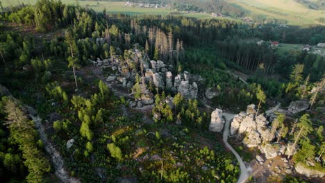aerial view of unique rock formations in a forest