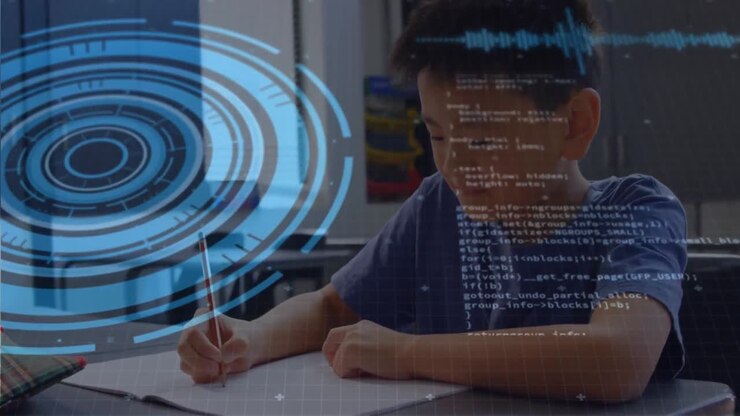 Round scanner and data processing against asian boy studying at elementary school