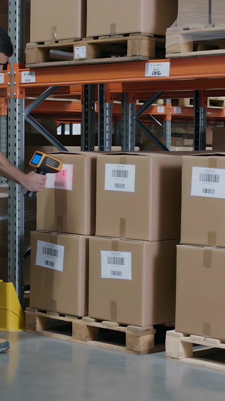 Vertical video: Reaching for yellow scanner, worker wearing hivis vest scanning stock at racking
