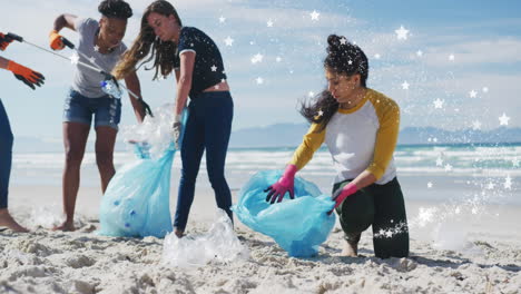 animation of stars over diverse female and male volunteers picking up rubbish on beach