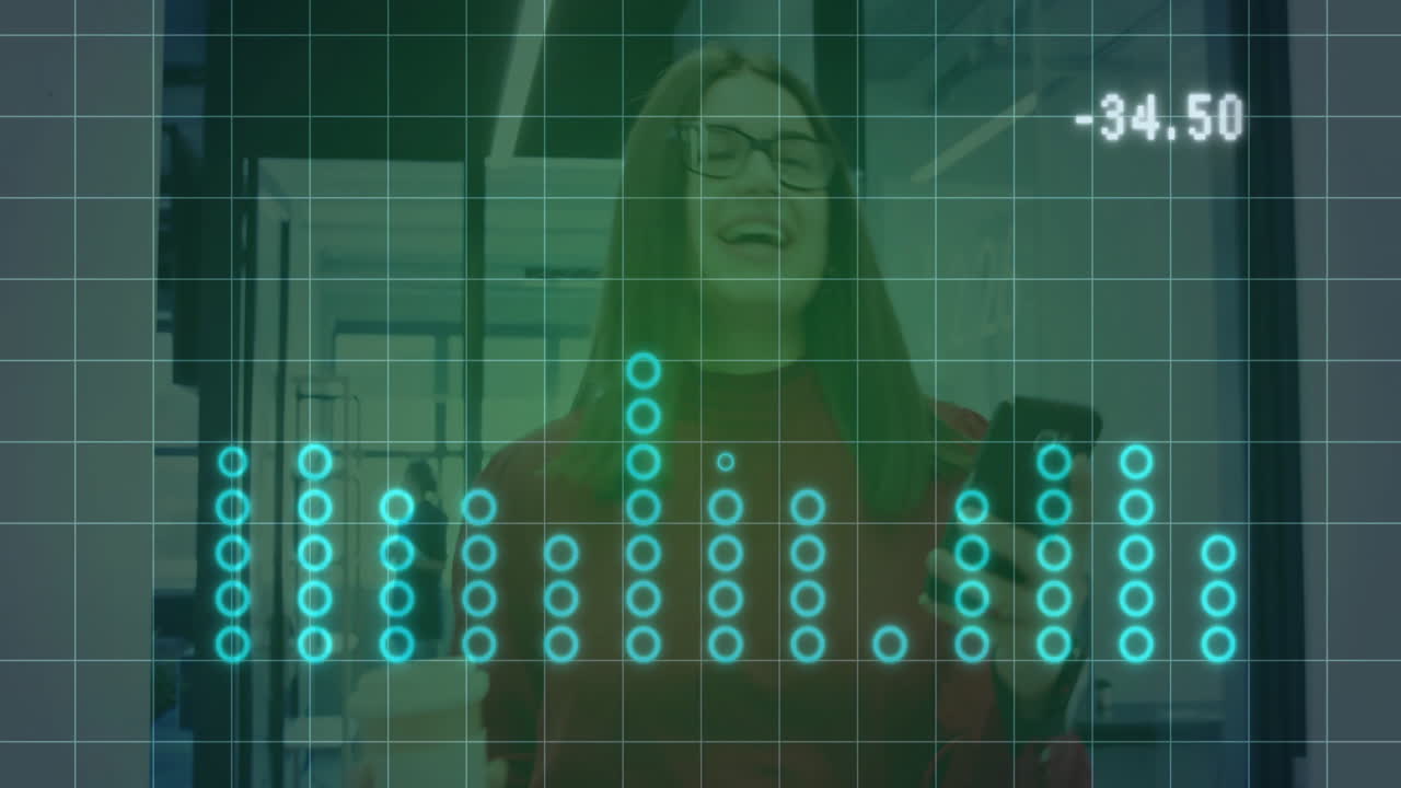 In office, businesswoman holding coffee with digital data graph animation overlay