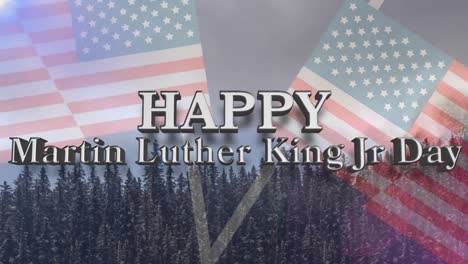 feliz martin luther king jr texto del día y banderas americanas contra el paisaje con árboles