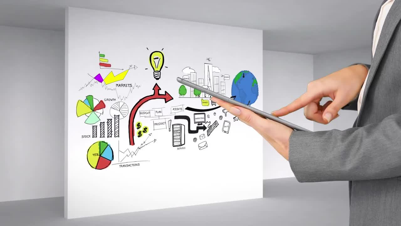 animación de la bombilla y los iconos digitales sobre el hombre de negocios que usa la tableta en el fondo