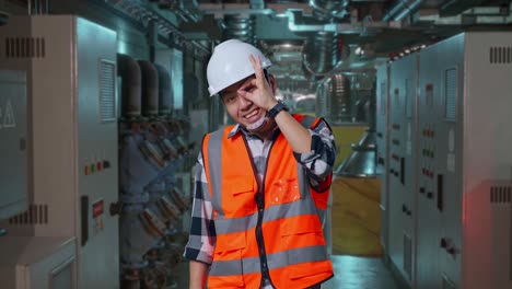 asian male engineer with safety helmet showing ok hand sign over eye and smiling to camera while standing in engine control room, work of electrical generators