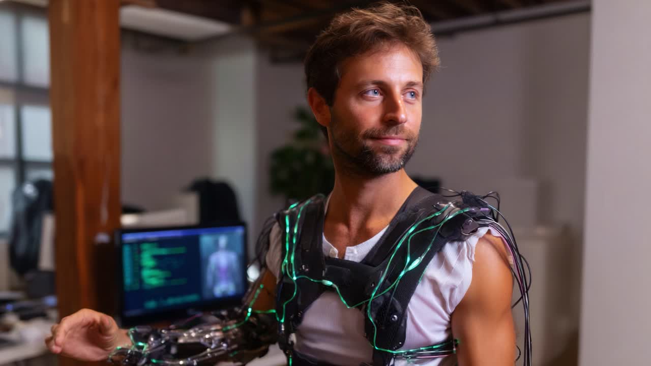 Erkundung modernster Wearable-Technologie: Eine Person, die mit einem innovativen Smart Suit beschäftigt ist, der für interaktive Erlebnisse und Tech-Demonstrationen entwickelt wurde