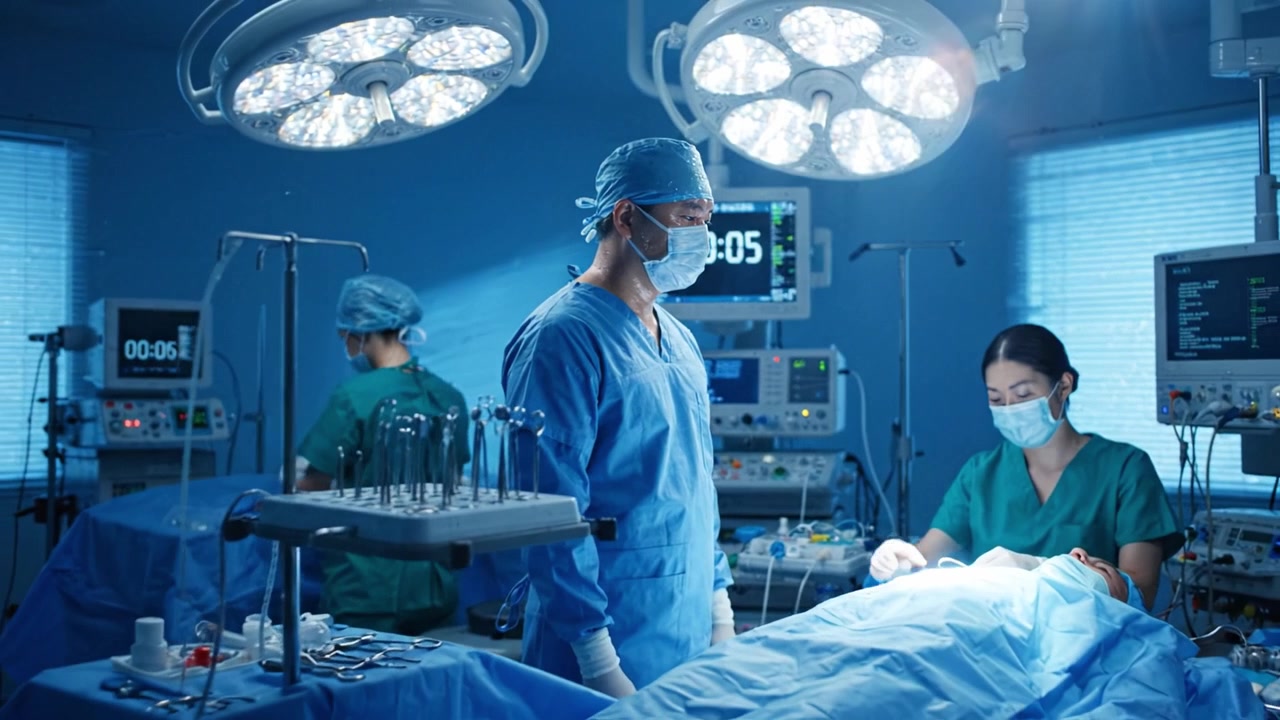 Chirurgo che si prepara per un intervento chirurgico in una sala operatoria: team concentrato in camici chirurgici, sotto luci intense, con attrezzature pronte per una procedura critica.