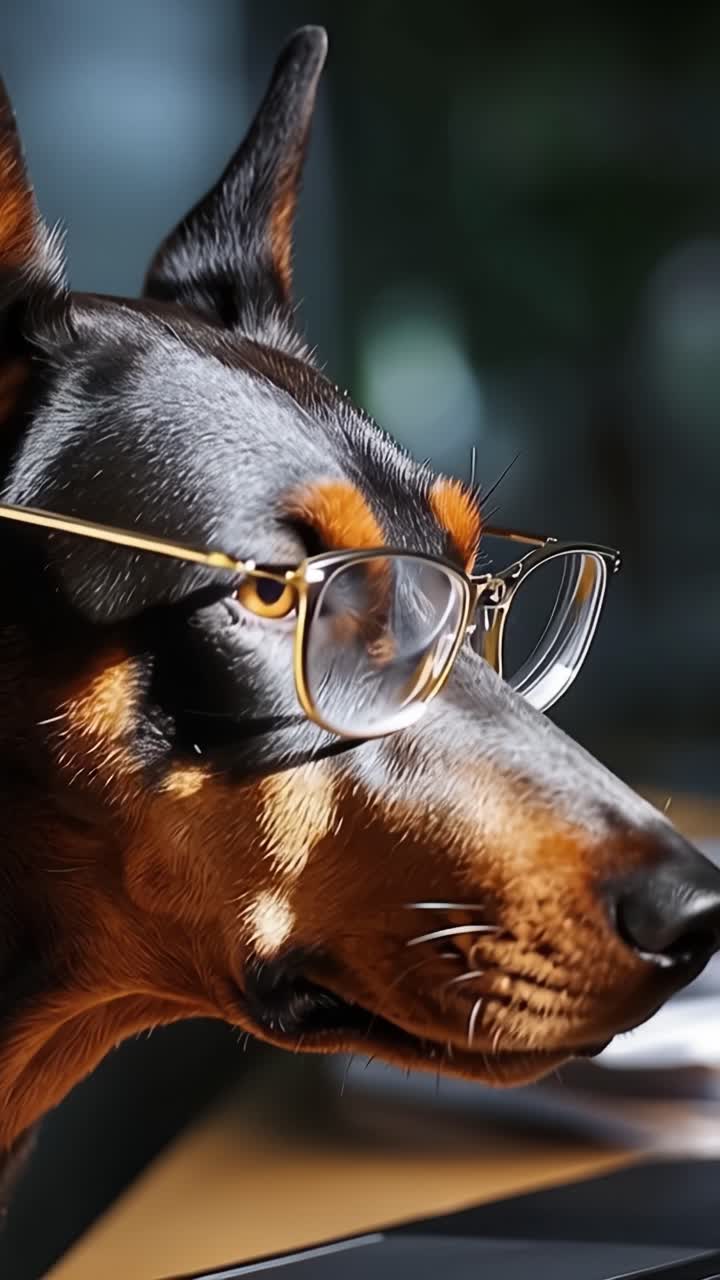 Doberman intelligente con gli occhiali: Un ritratto sorprendente di un canino con gli occhiali che emana fascino e personalità, catturato in un primo piano dettagliato.