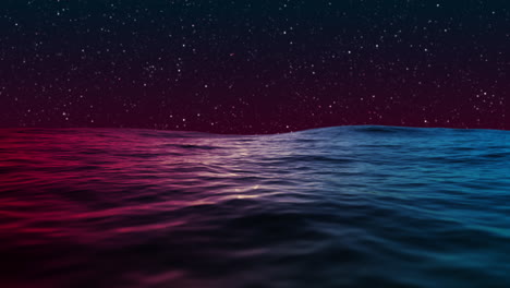 Wunderschöner-Ozean-Unter-Blauen-Und-Roten-Nachthimmelreflexionen-Mit-Sternschnuppenschleife-4k
