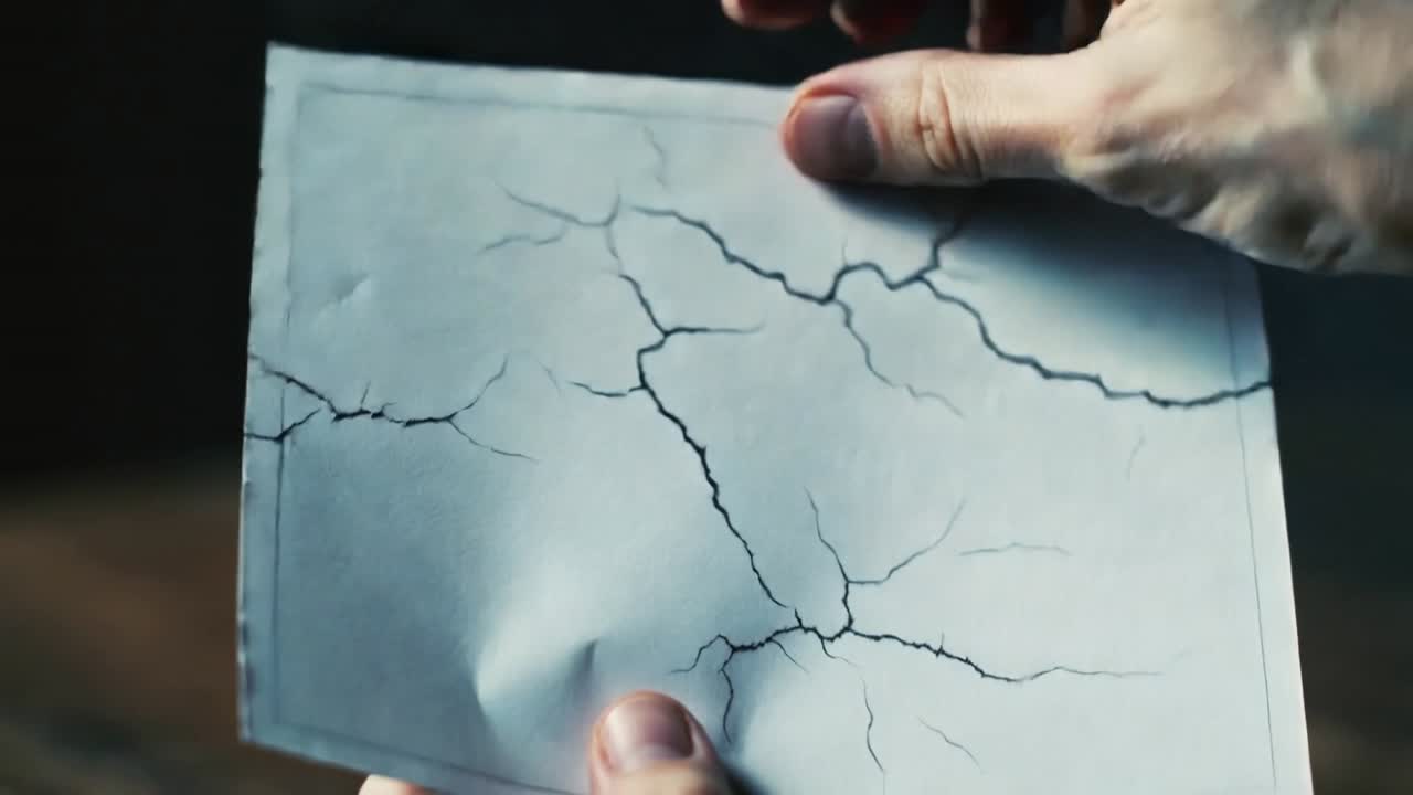 Gripping hands crumpling paper, unfolding over wood table, smoothing showing black crack pattern