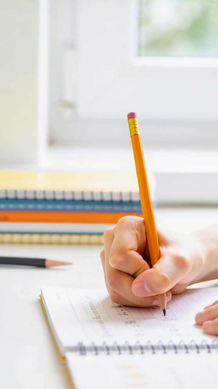 Video verticale: Mano destra che si allunga tenendo una matita gialla, studiando su un quaderno vicino alla finestra