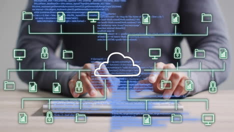 typing on keyboard, cloud computing and data security animation over code background