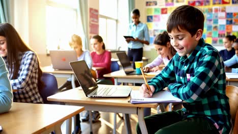 multiracial school class, children at their desks studying with laptop.