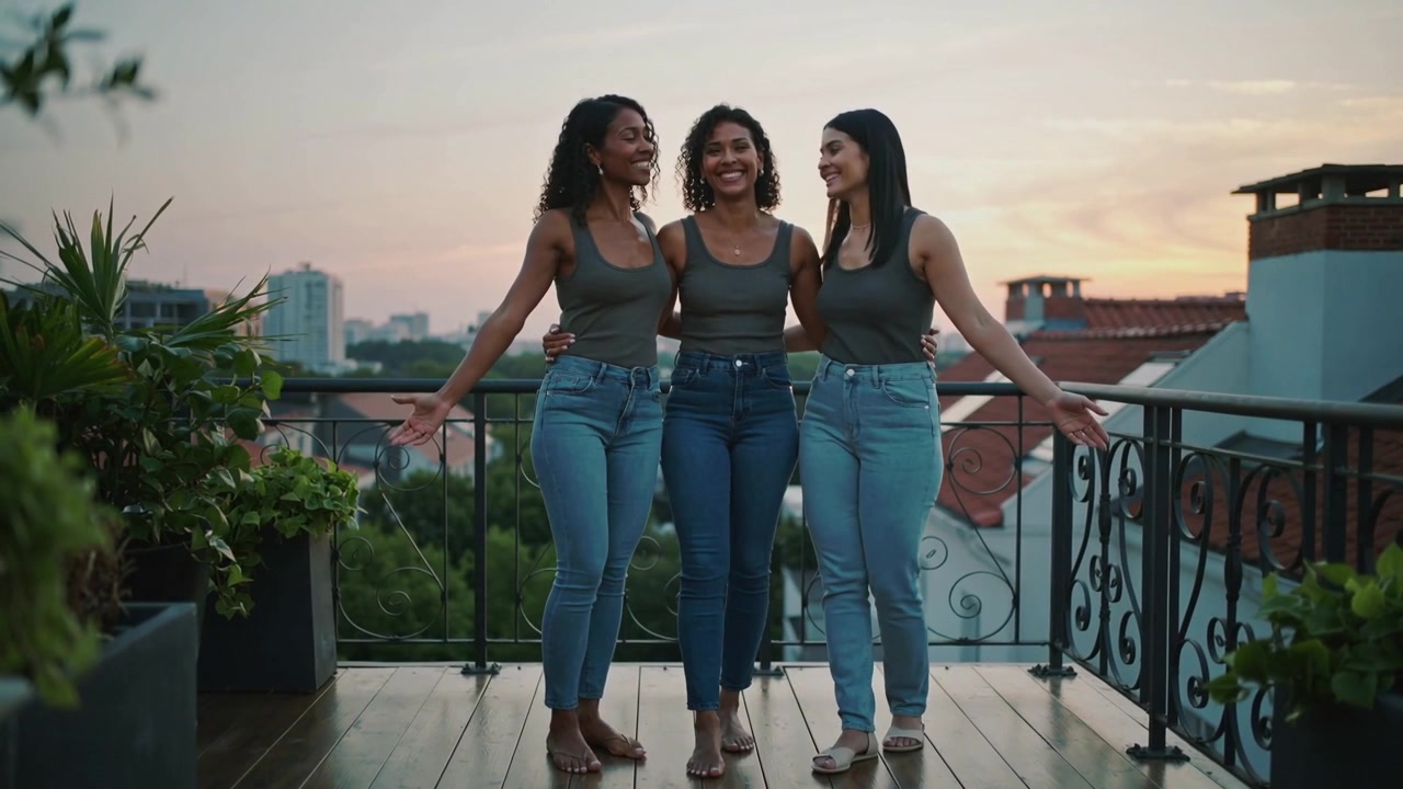 Tres mujeres sonriendo, entrelazando los brazos y acercándose, con el atardecer dibujándolas en el horizonte de una azotea, vistiendo camisetas sin mangas y vaqueros.