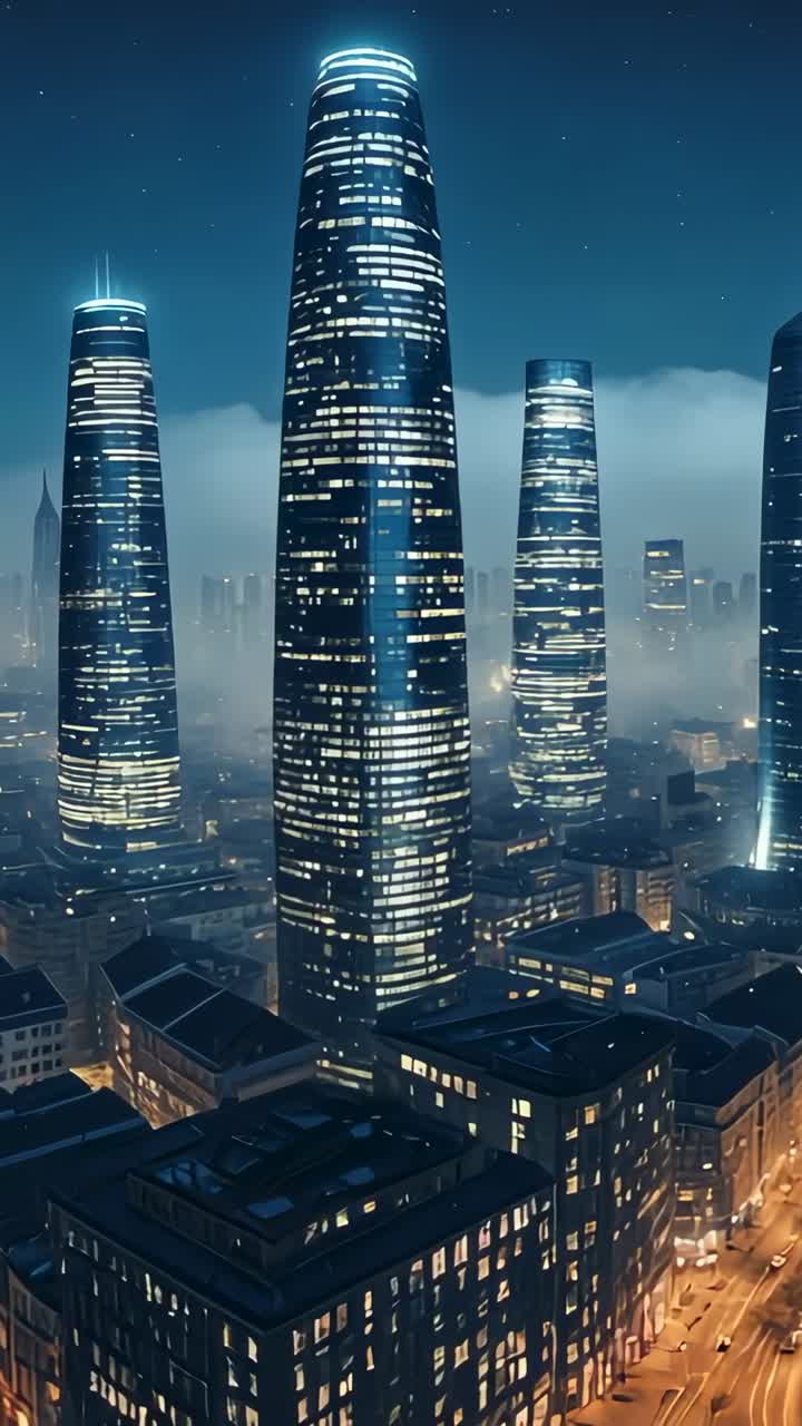 Vertical video: Camera tracking in on futuristic skyscraper after shot at night with drifting fog